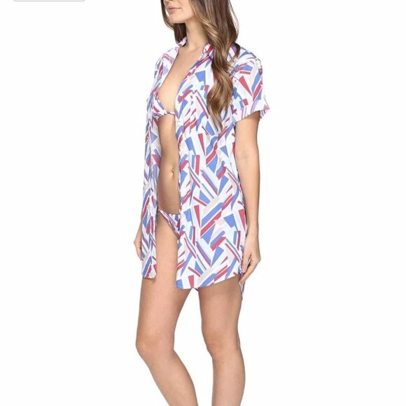 ONIA New Swim Cover-Up Shirt Dress Geo Print Button Pockets Cotton NWT Womens L - Picture 2 of 14
